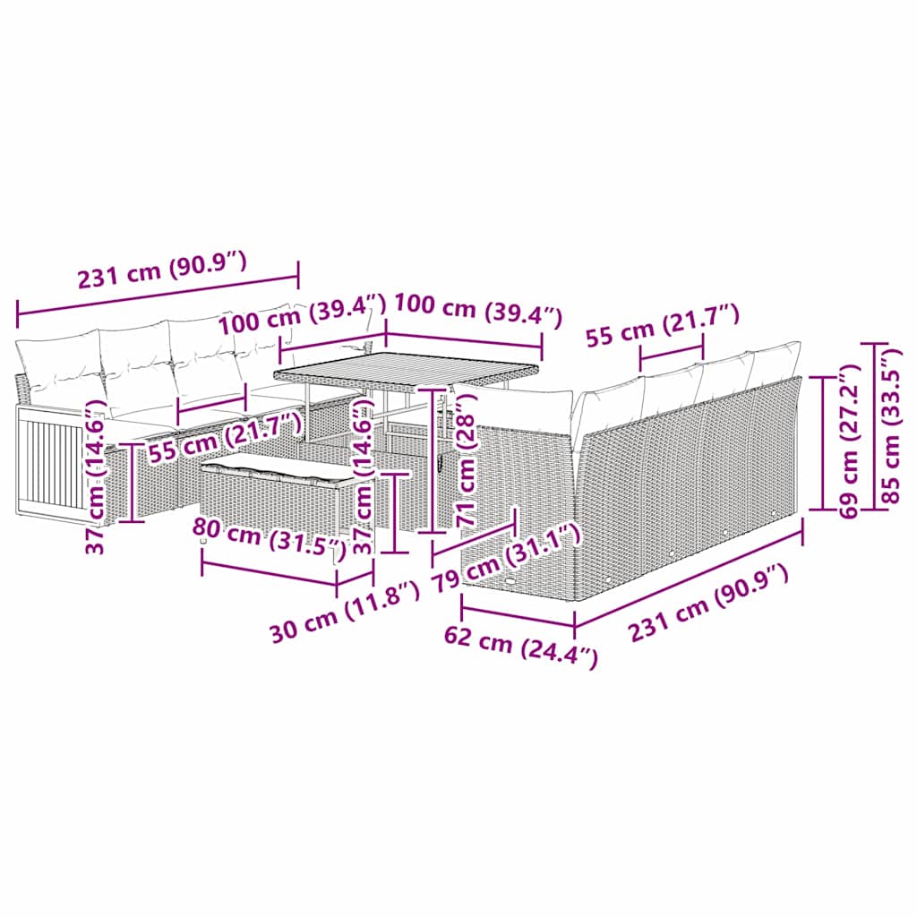 Garten-Sofa-Set 11 pcs Schwarz und Creme 100 x 100 x 71 cm