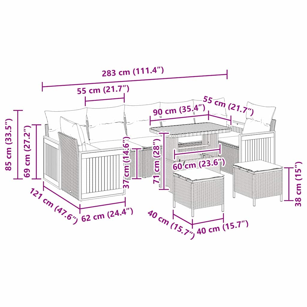 Garten-Sofa-Set 10 pcs Beige und Hellgrau 90 x 55 x 71 cm