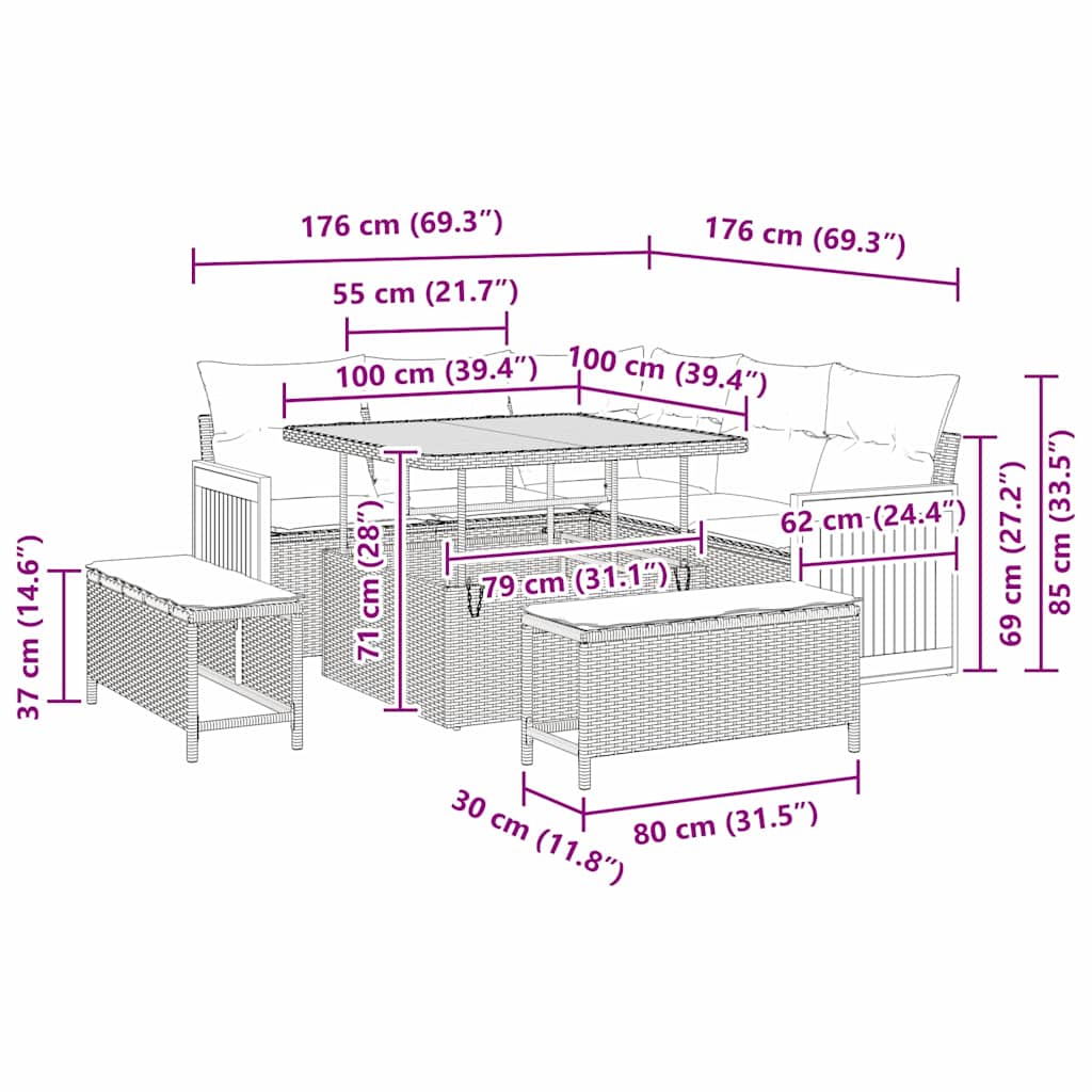 Garten-Sofa-Set 8 pcs Schwarz und Creme 100 x 100 x 71 cm
