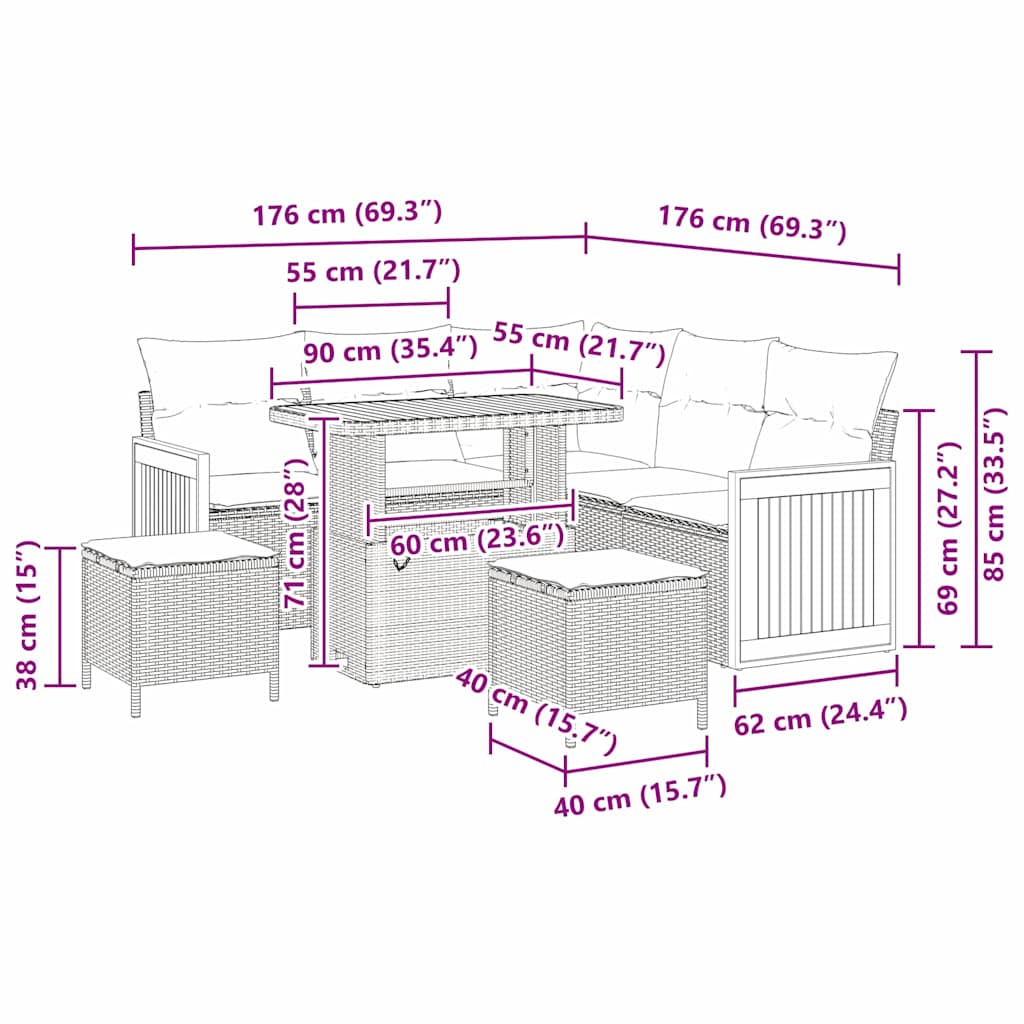 Garten-Sofa-Set mit Kissen 8 pcs Grau 90 x 55 x 71 cm