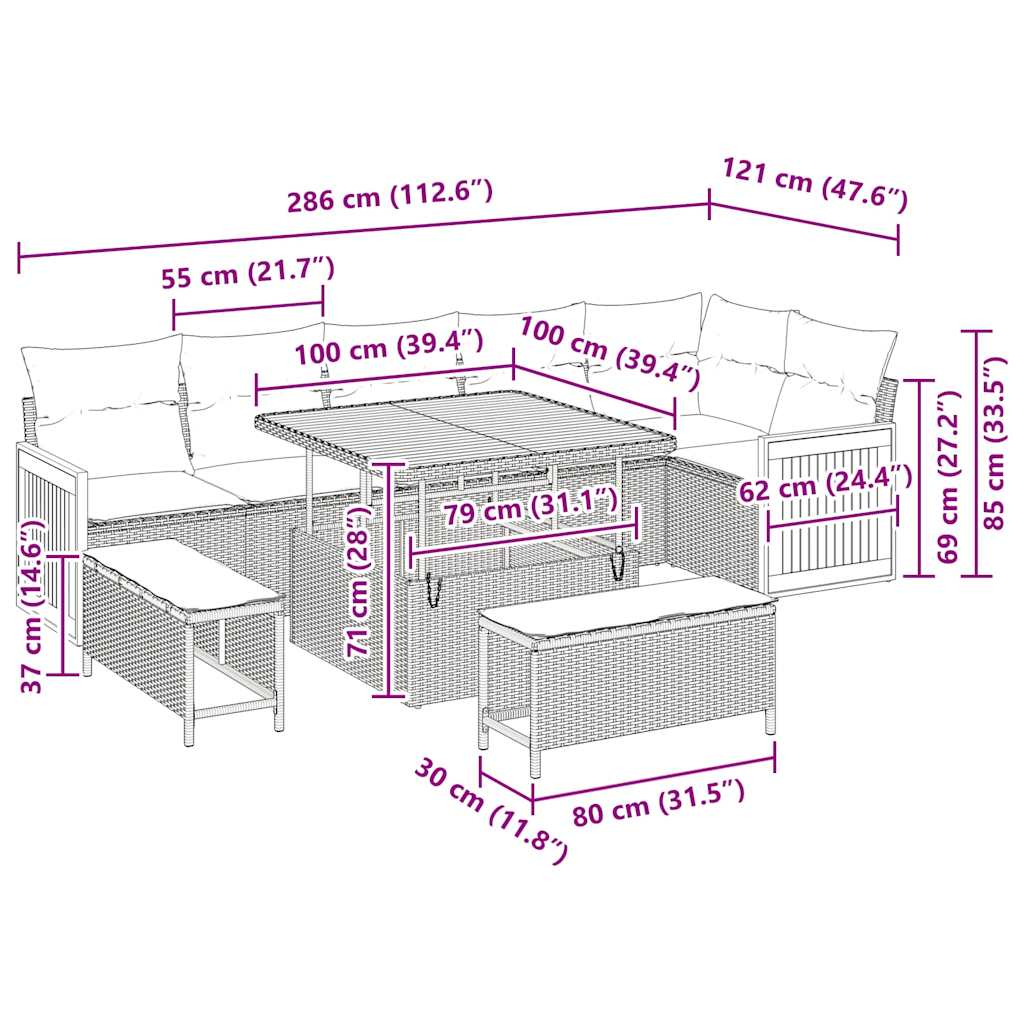 Garten-Sofa-Set mit Kissen 9 pcs Beige und Hellgrau