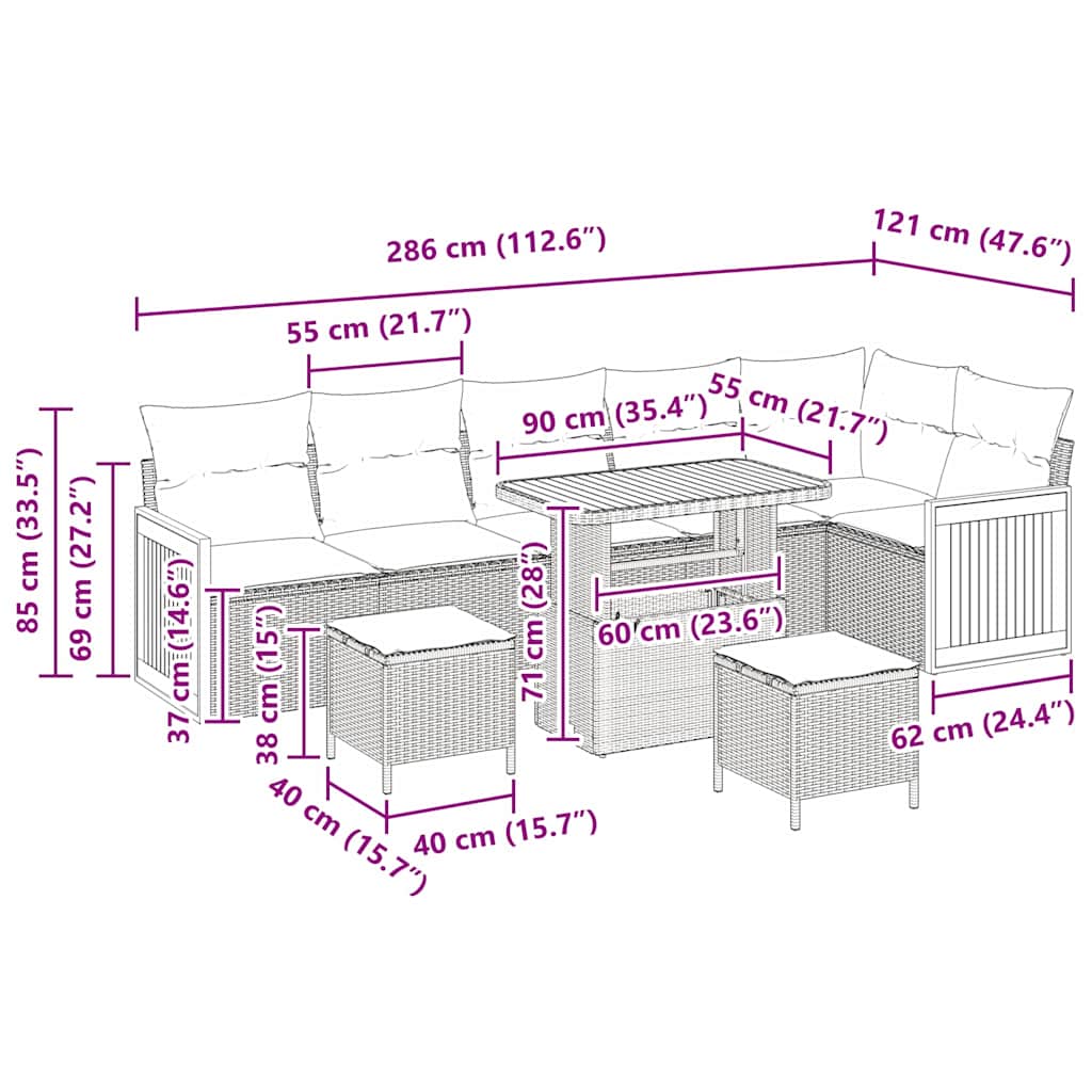 Garten-Sofa-Set mit Kissen 9 pcs Schwarz und Creme