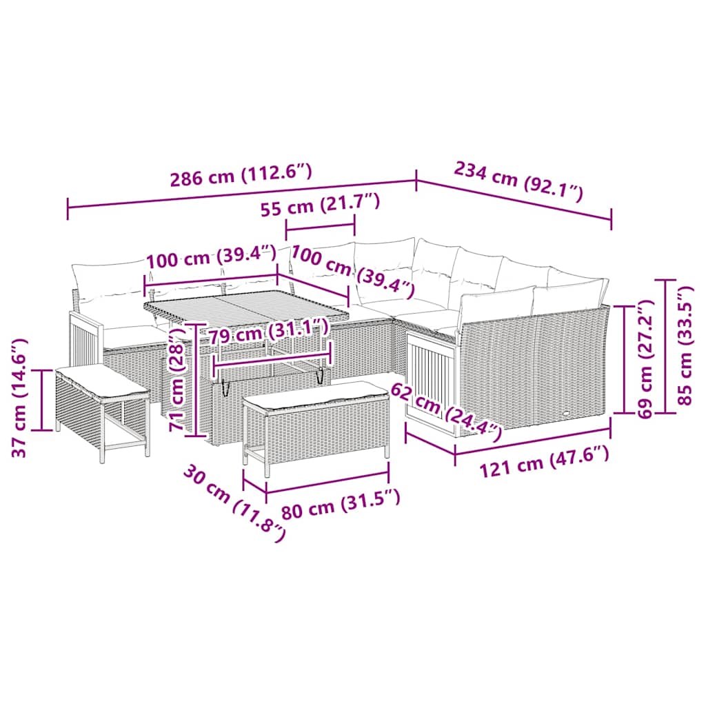 Garten-Sofa-Set 12 pcs Beige und Hellgrau 100 x 100 x 71 cm