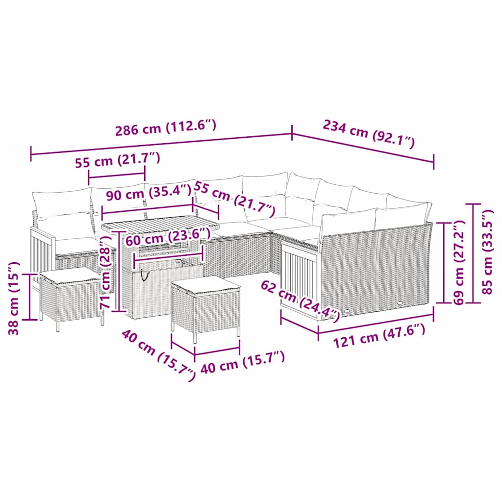 Garten-Sofa-Set 12 pcs Schwarz und Creme 90 x 55 x 71 cm