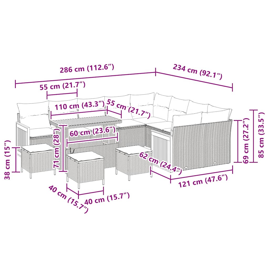 Garten-Sofa-Set mit Kissen 13 pcs Grau 110 x 55 x 71 cm