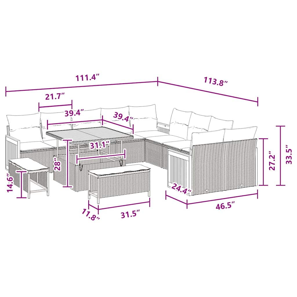 Garten-Sofa-Set mit Kissen 13 pcs Schwarz 100 x 100 x 71 cm