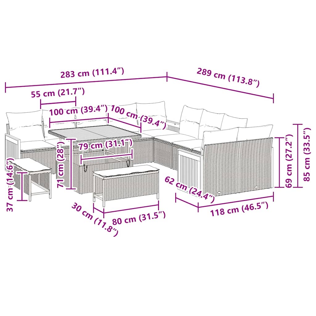 Garten-Sofa-Set mit Kissen 13 pcs Grau