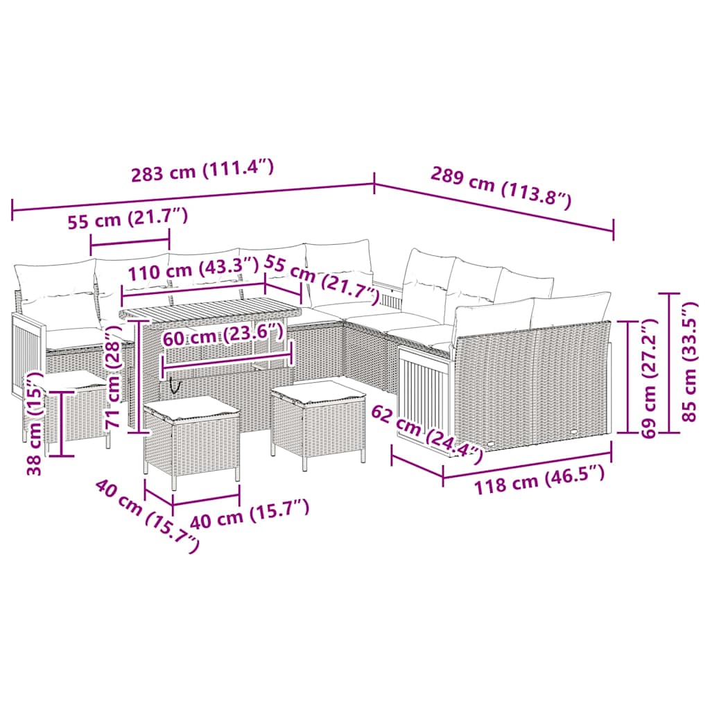 Garten-Sofa-Set mit Kissen 14 pcs Grau