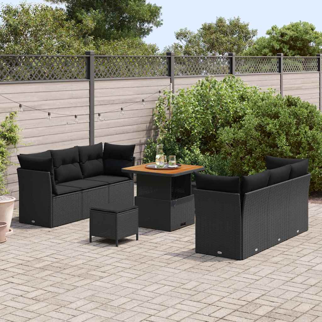 Garten-Sofa-Set mit Kissen mit Speicher 9 pcs Schwarz