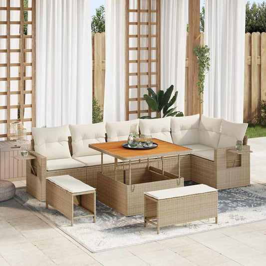 Garten-Sofa-Set mit Speicher 9 pcs Beige Poly Rattan