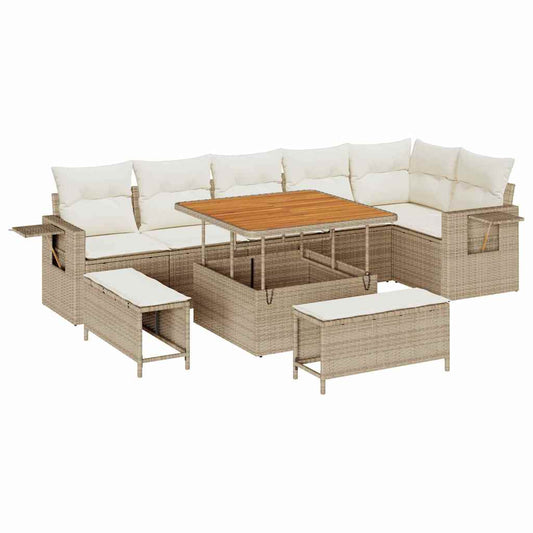 Garten-Sofa-Set mit Speicher 9 pcs Beige Poly Rattan