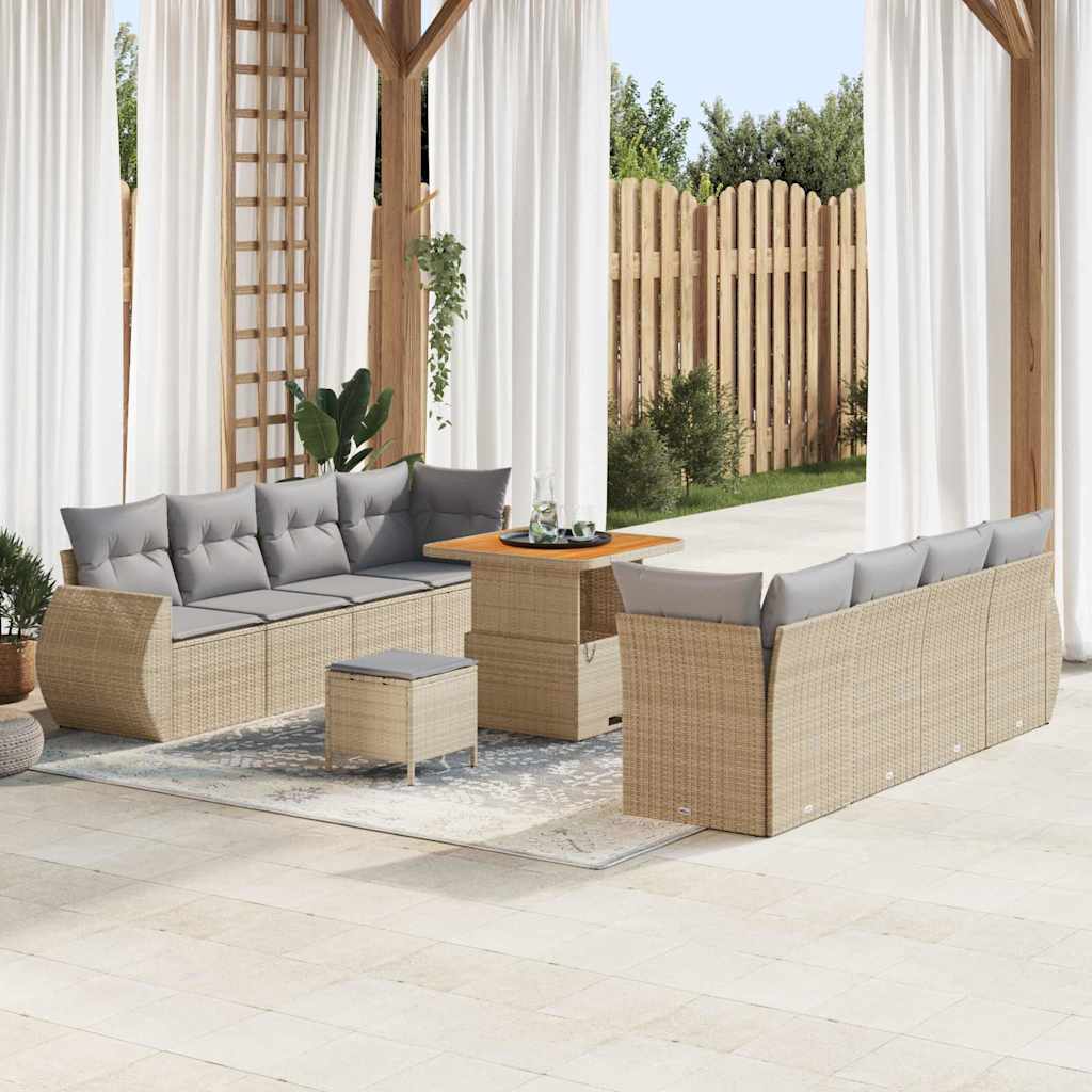 Garten-Sofa-Set mit Speicher 11 pcs Beige Poly Rattan