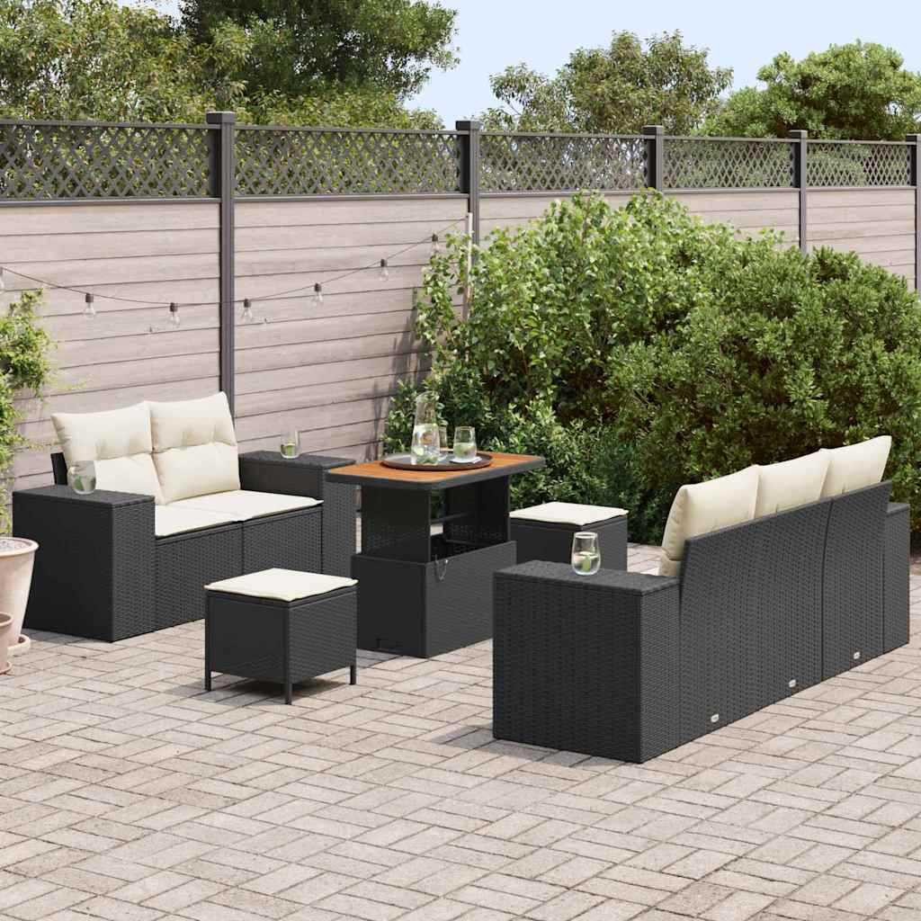 Garten-Sofa-Set mit Kissen mit Speicher 8 pcs Schwarz und Creme