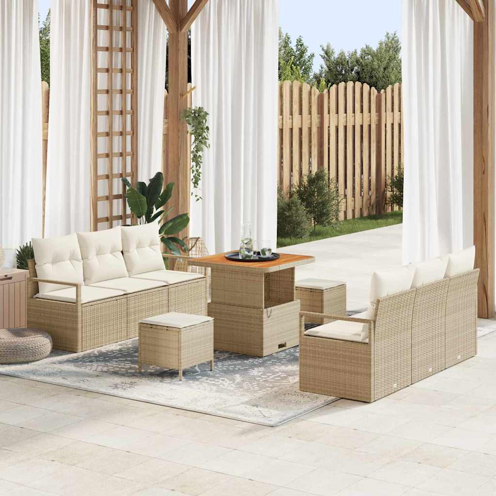 Garten-Sofa-Set mit Speicher 9 pcs Beige Poly Rattan
