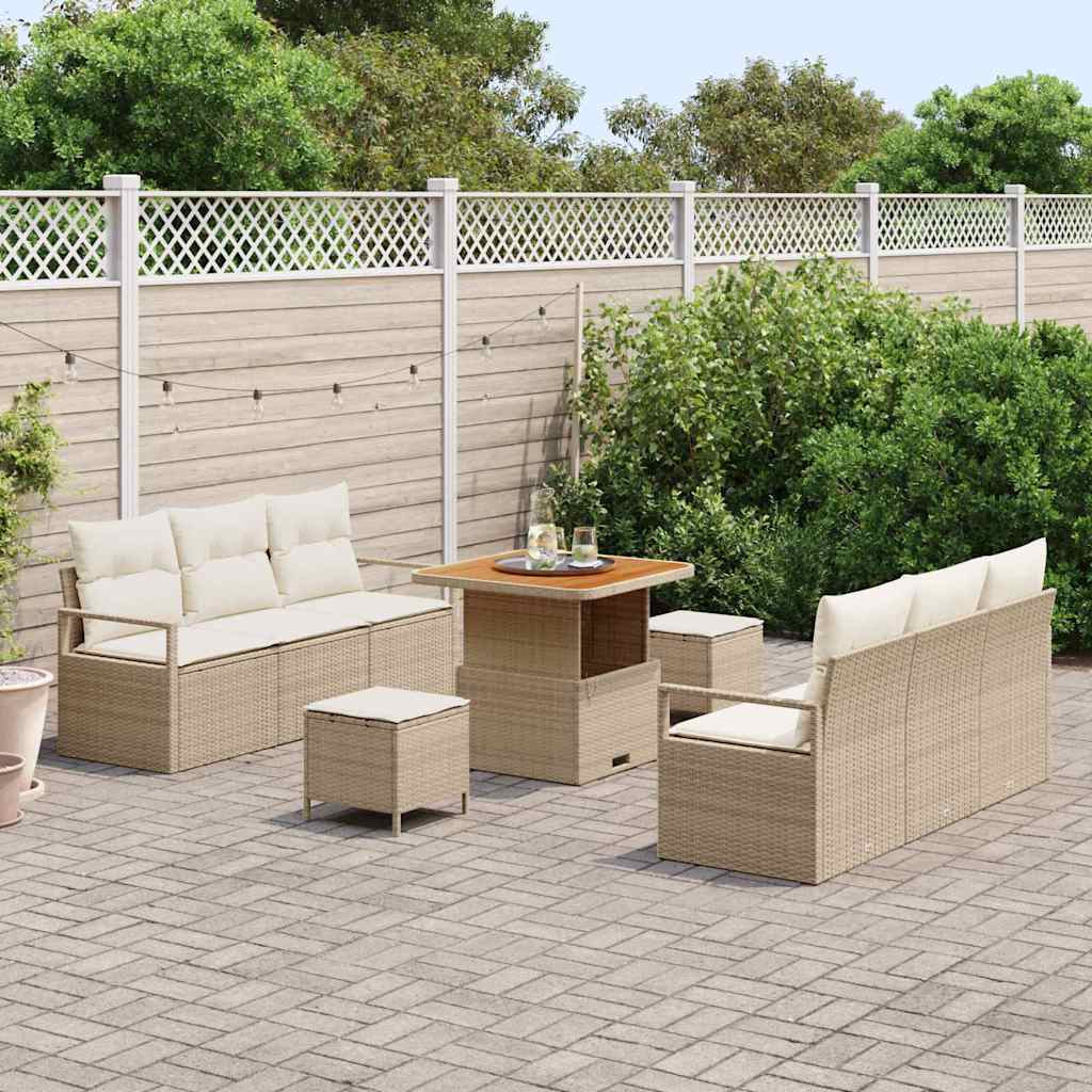 Garten-Sofa-Set mit Speicher 9 pcs Beige Poly Rattan