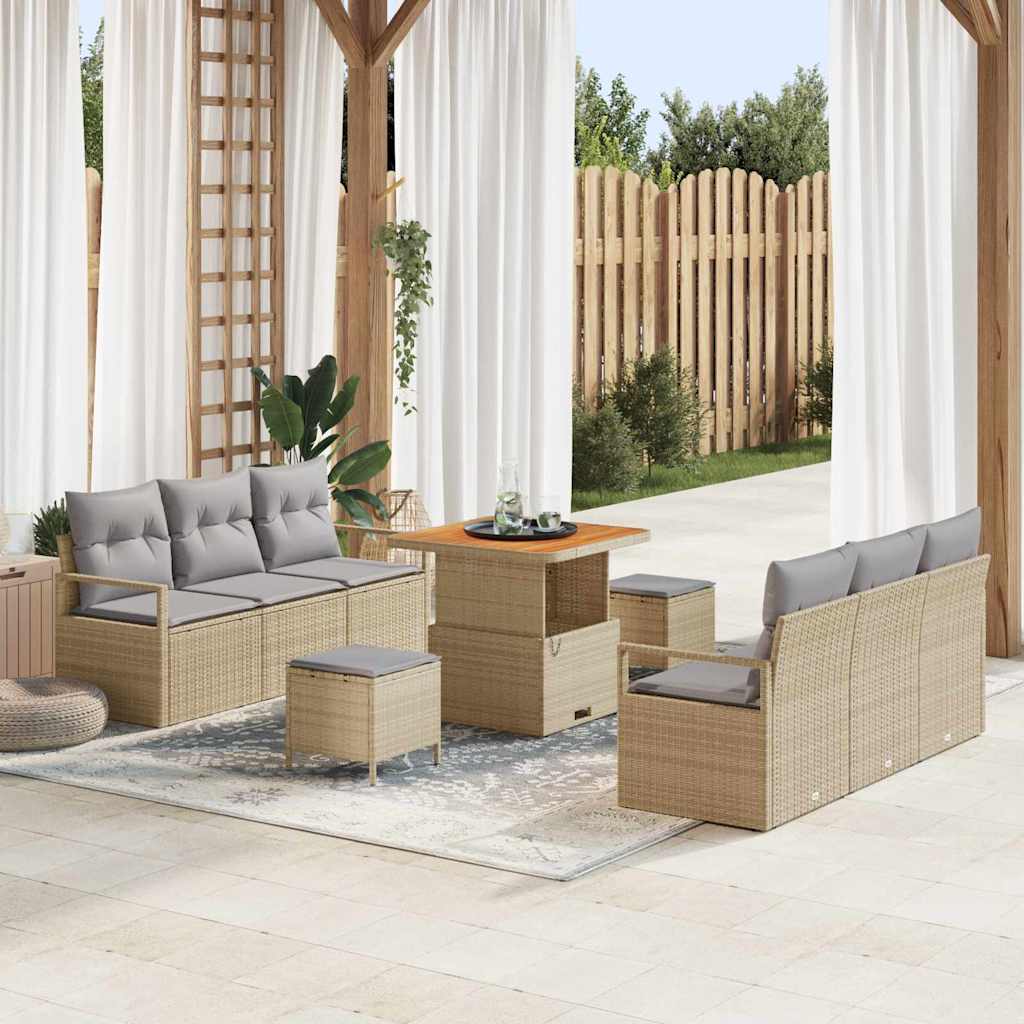 Garten-Sofa-Set mit Speicher 9 pcs Beige Poly Rattan