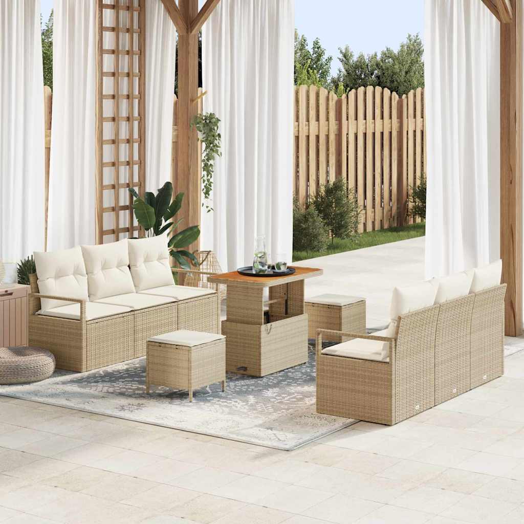 Garten-Sofa-Set mit Speicher 9 pcs Beige Poly Rattan