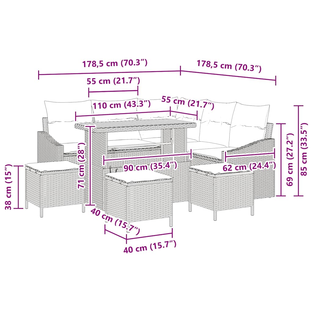 Garten-Sofa-Set 9 pcs Beige und Creme 110 x 55 x 71 cm