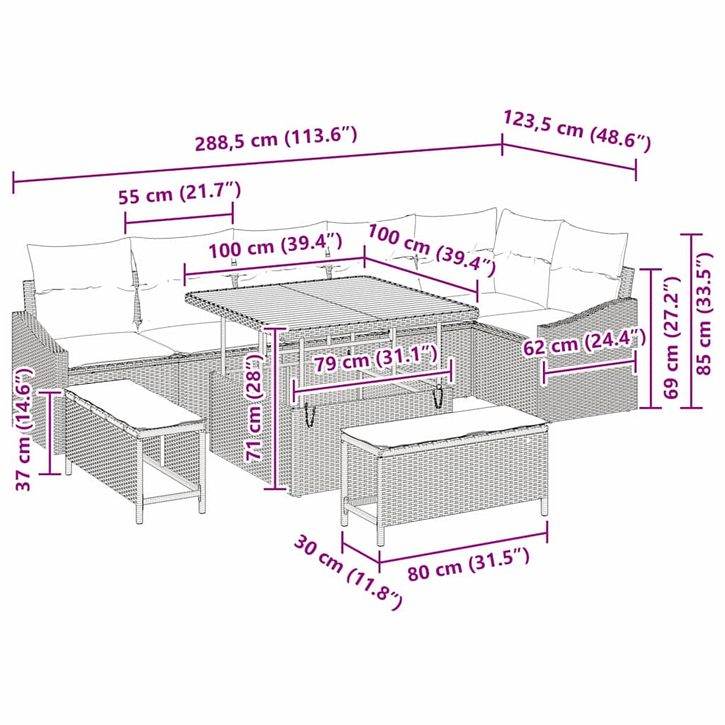 Garten-Sofa-Set 9 pcs Schwarz und Creme 100 x 100 x 71 cm