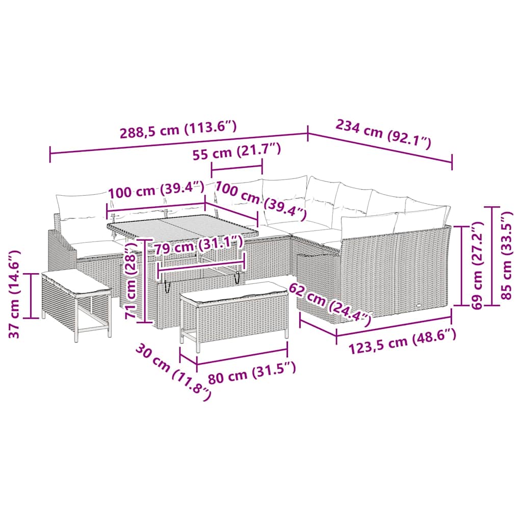 Garten-Sofa-Set mit Kissen 12 pcs Grau 100 x 100 x 71 cm