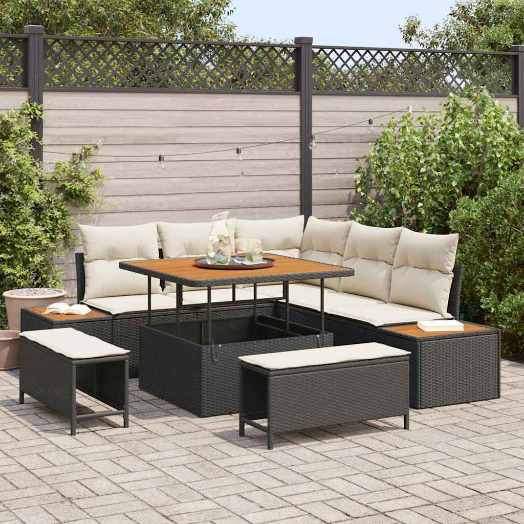Garten-Sofa-Set mit Kissen 8 pcs Schwarz Poly Rattan