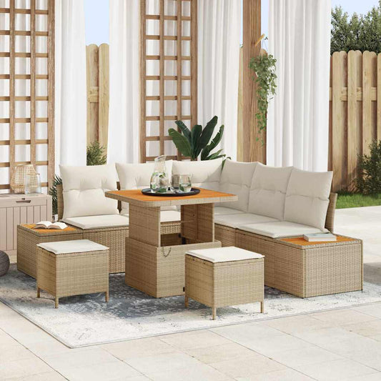 Garten-Sofa-Set mit Kissen mit Speicher 8 pcs Beige Poly Rattan