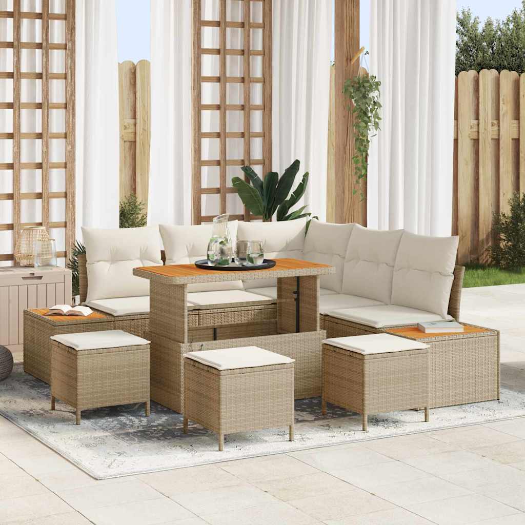 Garten-Sofa-Set mit Kissen mit Speicher 9 pcs Beige Poly Rattan