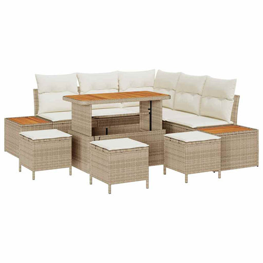 Garten-Sofa-Set mit Kissen mit Speicher 9 pcs Beige Poly Rattan