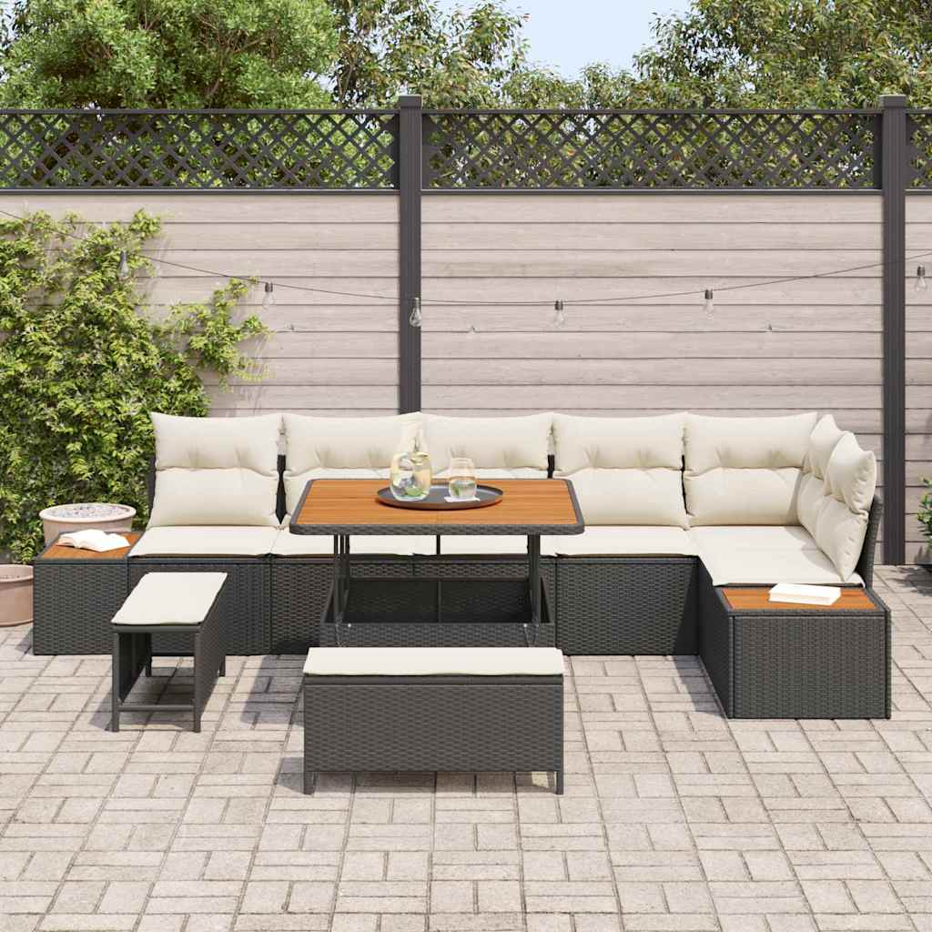 Garten-Sofa-Set mit Kissen 9 pcs Schwarz Poly Rattan