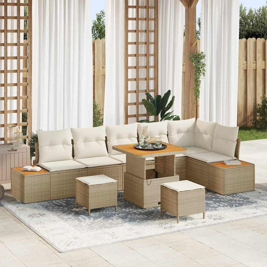 Garten-Sofa-Set mit Kissen mit Speicher 9 pcs Beige Poly Rattan