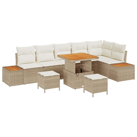 Garten-Sofa-Set mit Kissen mit Speicher 9 pcs Beige Poly Rattan
