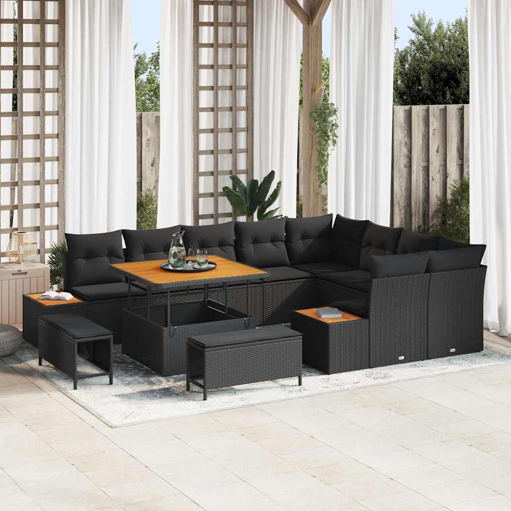 Garten-Sofa-Set mit Kissen 12 pcs Schwarz Poly Rattan