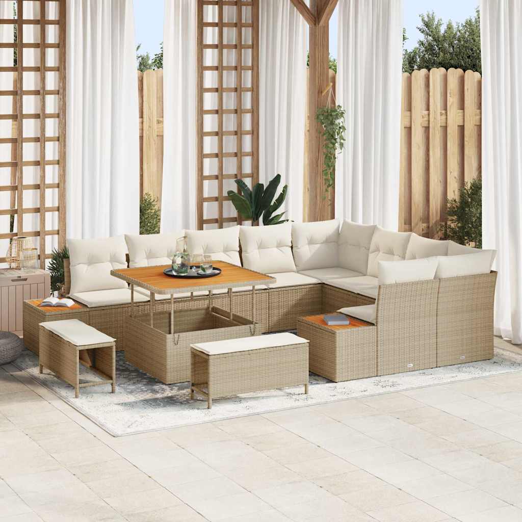 Garten-Sofa-Set mit Kissen 12 pcs Beige Poly Rattan