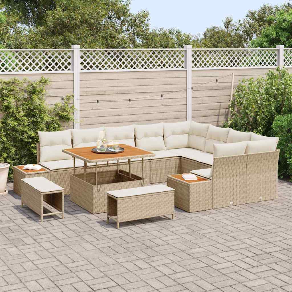 Garten-Sofa-Set mit Kissen 12 pcs Beige Poly Rattan