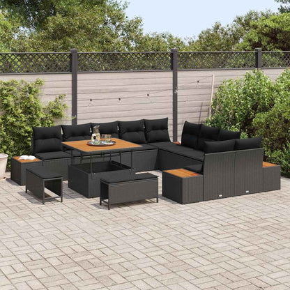 Garten-Sofa-Set mit Kissen mit Speicher Schwarz Poly Rattan