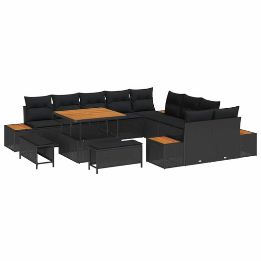 Garten-Sofa-Set mit Kissen mit Speicher Schwarz Poly Rattan