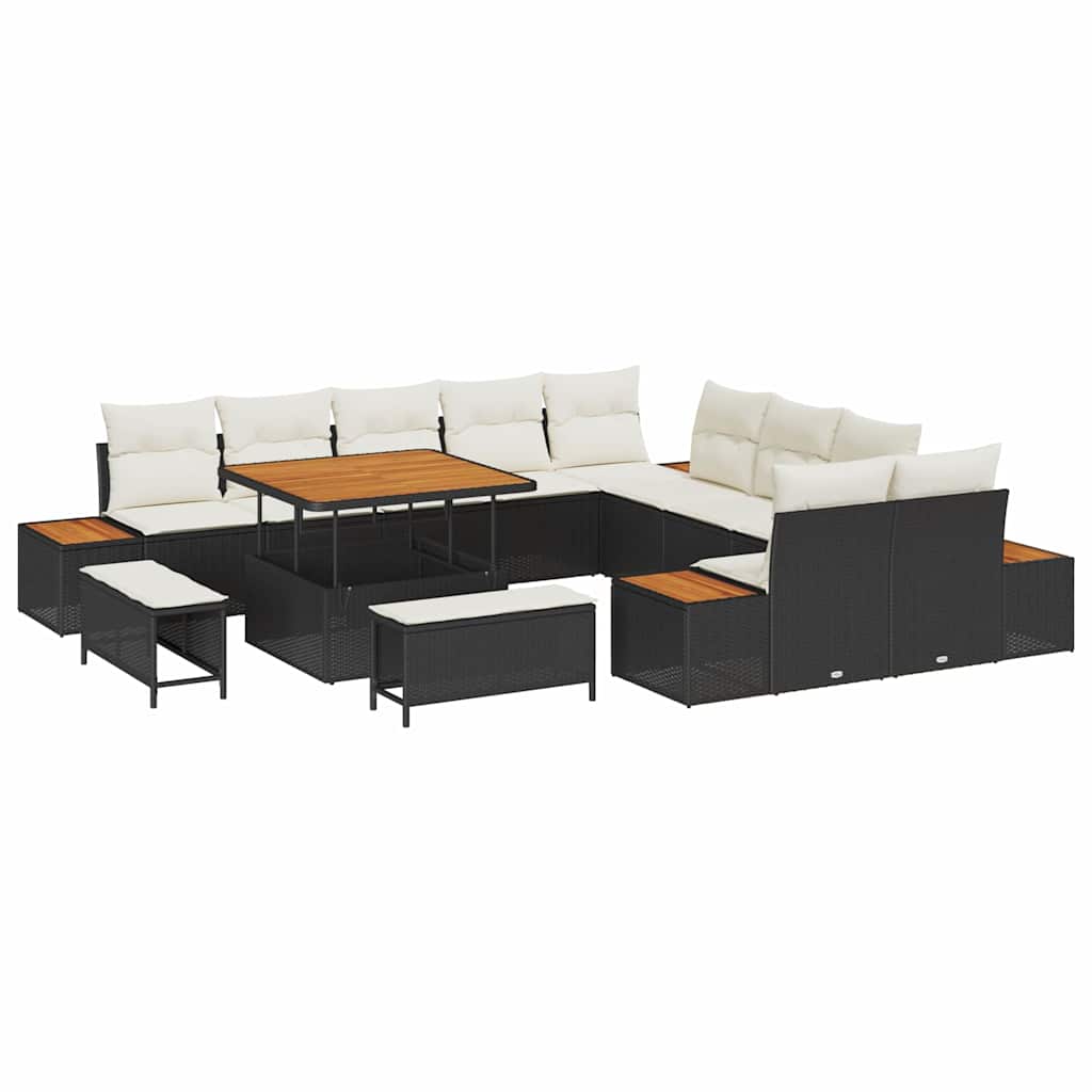 Garten-Sofa-Set mit Kissen mit Speicher Schwarz Poly Rattan
