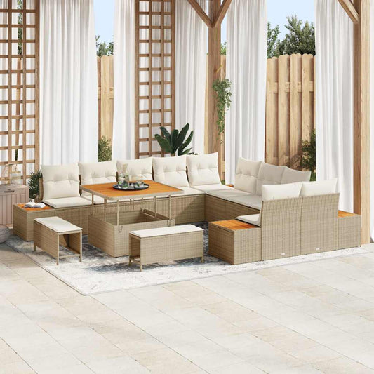 Garten-Sofa-Set mit Kissen mit Speicher Beige Poly Rattan