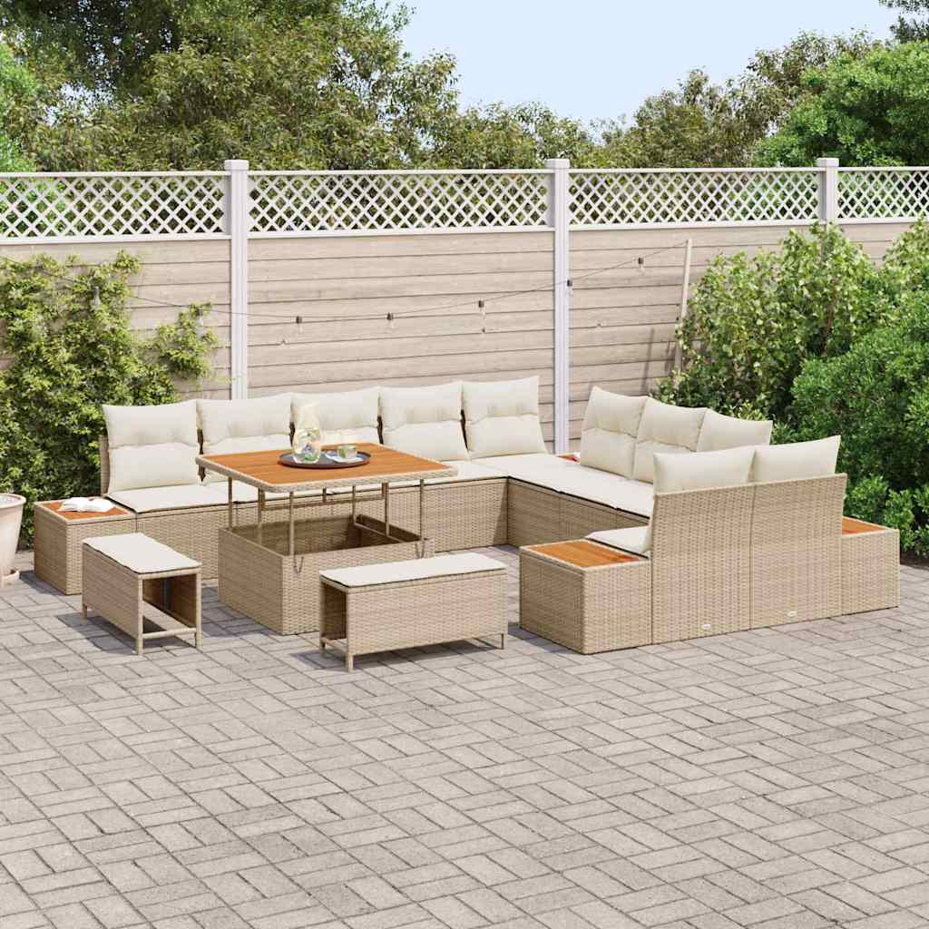 Garten-Sofa-Set mit Kissen mit Speicher Beige Poly Rattan