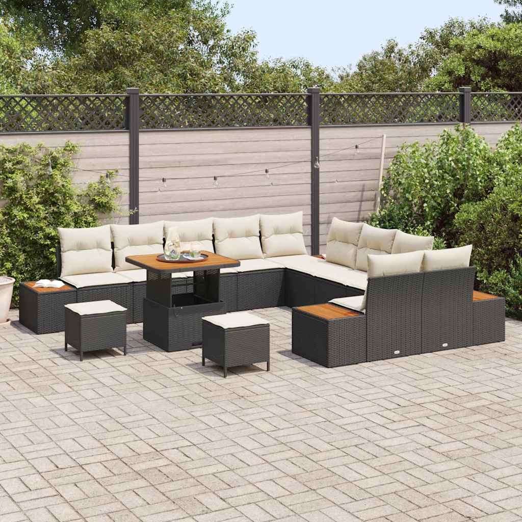 Garten-Sofa-Set mit Kissen mit Speicher Schwarz Poly Rattan