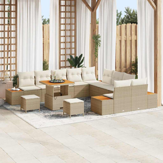 Garten-Sofa-Set mit Kissen mit Speicher Beige Poly Rattan