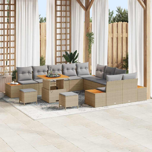 Garten-Sofa-Set mit Kissen mit Speicher Beige Poly Rattan