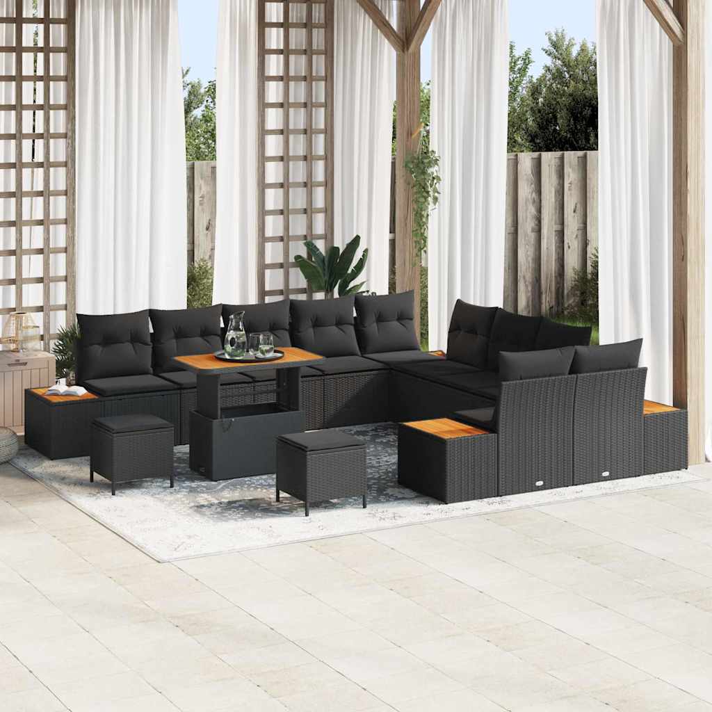 Garten-Sofa-Set mit Kissen mit Speicher Schwarz Poly Rattan