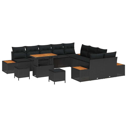 Garten-Sofa-Set mit Kissen mit Speicher Schwarz Poly Rattan