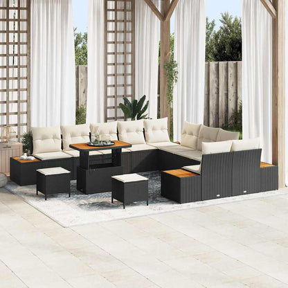 Garten-Sofa-Set mit Kissen mit Speicher Schwarz Poly Rattan