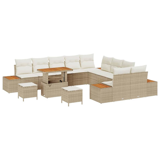 Garten-Sofa-Set mit Kissen mit Speicher Beige Poly Rattan