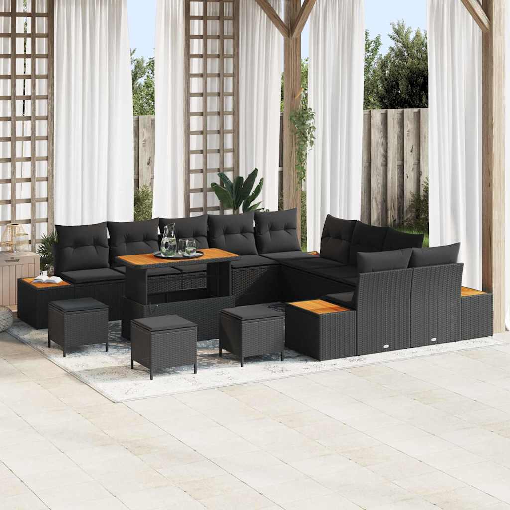 Garten-Sofa-Set mit Kissen mit Speicher Schwarz Poly Rattan