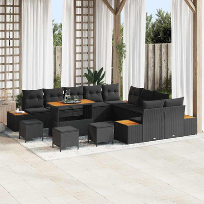 Garten-Sofa-Set mit Kissen mit Speicher Schwarz Poly Rattan