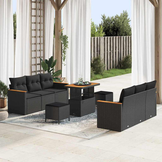 Garten-Sofa-Set mit Kissen 9 pcs Schwarz Poly Rattan