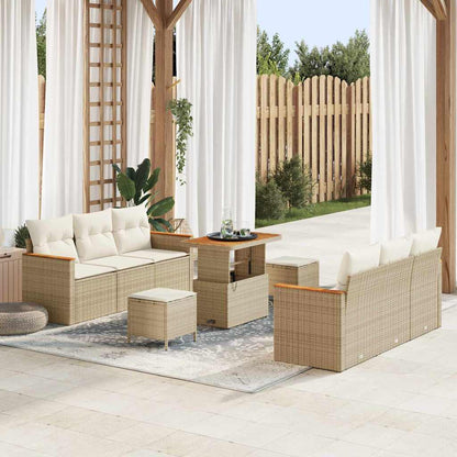 Garten-Sofa-Set mit Kissen mit Speicher 9 pcs Beige Poly Rattan